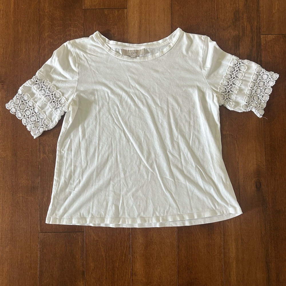 LOFT White Short Sleeve Top with Lace Detail